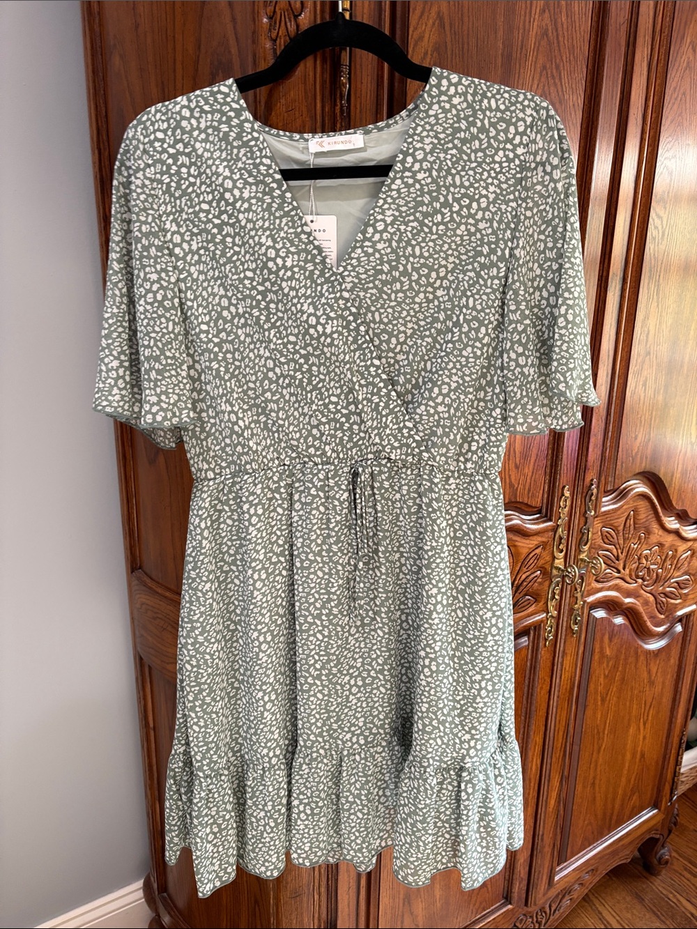 Sage Green Printed Mini Dress with Drawstring Waist